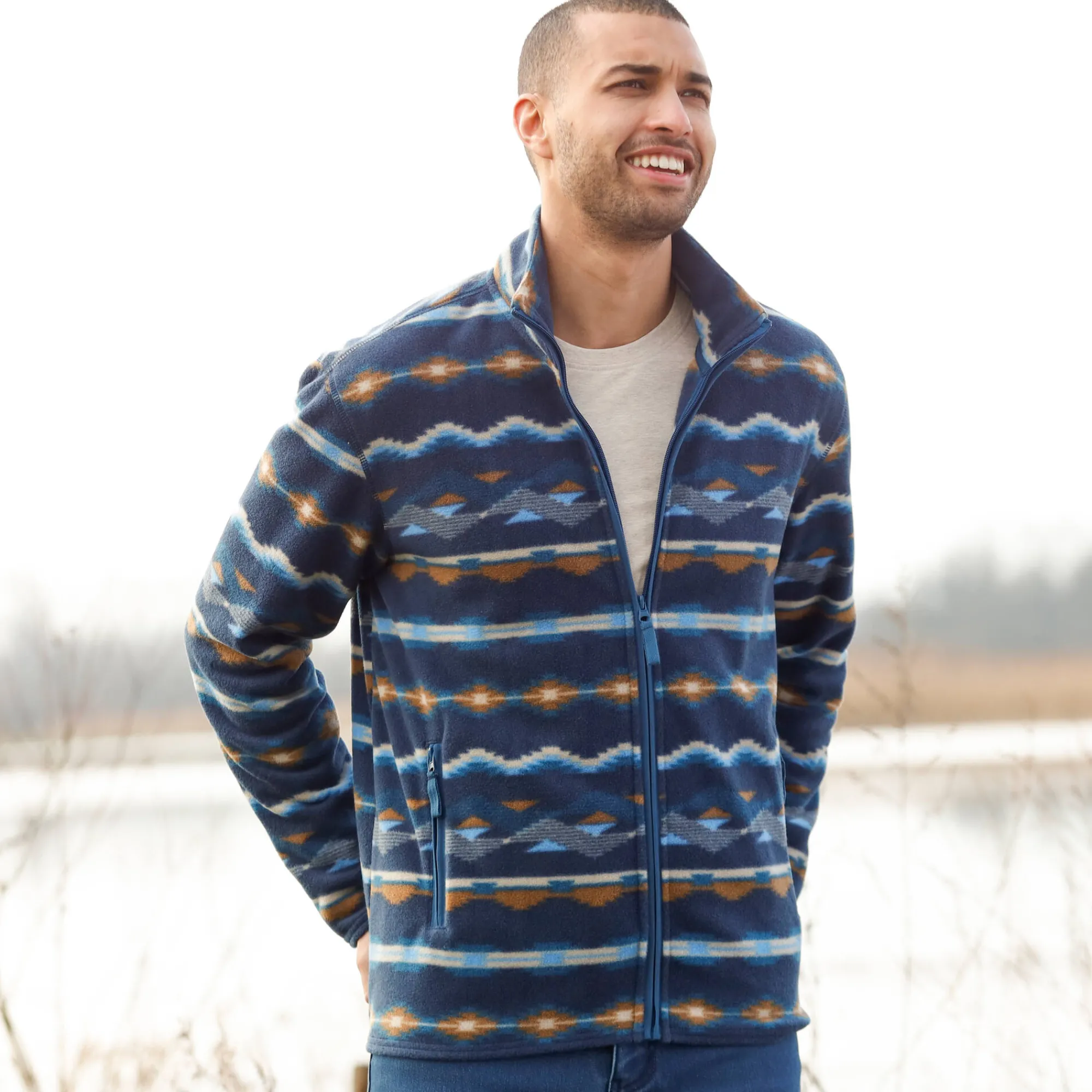 Sweater|Trui En Vest<Blancheporte Bedrukte blouson met rits, in microfleece blauw / beige
