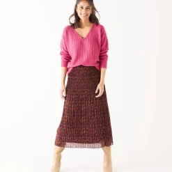 Rok<Blancheporte Bedrukte halflange rok, plissévoile zwart / framboos