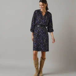 Feestoutfits Dames|Jurk<Lora Zellini Bedrukte hemdjurk met knopen zwart / blauw