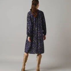 Feestoutfits Dames|Jurk<Lora Zellini Bedrukte hemdjurk met knopen zwart / blauw