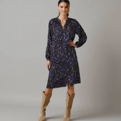 Feestoutfits Dames|Jurk<Lora Zellini Bedrukte hemdjurk met knopen zwart / blauw