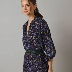 Feestoutfits Dames|Jurk<Lora Zellini Bedrukte hemdjurk met knopen zwart / blauw