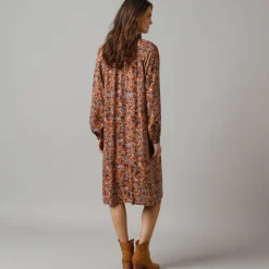Jurk<Lora Zellini Bedrukte hemdjurk met knopen karamel / blauw