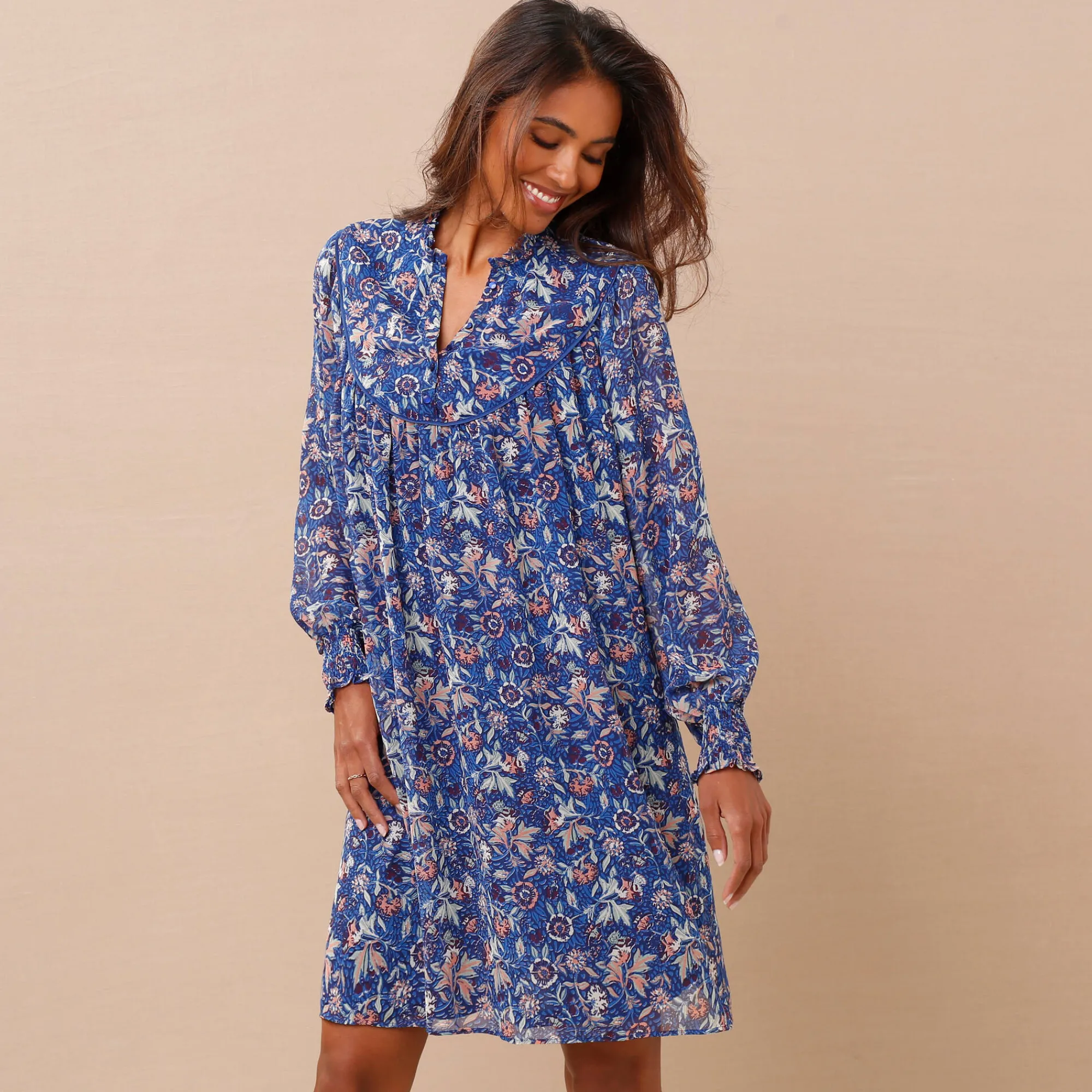 Jurk<Blancheporte Bedrukte jurk in voile blauw / groen