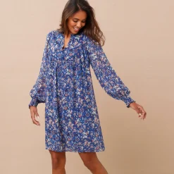 Jurk<Blancheporte Bedrukte jurk in voile blauw / groen