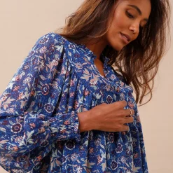 Jurk<Blancheporte Bedrukte jurk in voile blauw / groen