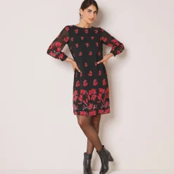 Feestoutfits Dames|Jurk<Blancheporte Bedrukte jurk in voile, 3/4-mouwen zwart / rood