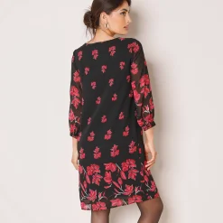 Feestoutfits Dames|Jurk<Blancheporte Bedrukte jurk in voile, 3/4-mouwen zwart / rood