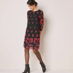 Feestoutfits Dames|Jurk<Blancheporte Bedrukte jurk in voile, 3/4-mouwen zwart / rood