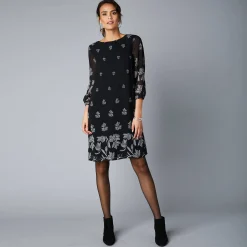 Feestoutfits Dames|Jurk<Blancheporte Bedrukte jurk in voile, 3/4-mouwen zwart / grijs