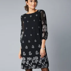 Feestoutfits Dames|Jurk<Blancheporte Bedrukte jurk in voile, 3/4-mouwen zwart / grijs