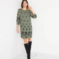 Feestoutfits Dames|Jurk<Blancheporte Bedrukte jurk in voile, 3/4-mouwen bronskleur / zwart
