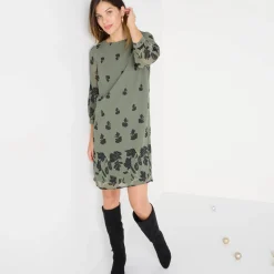 Feestoutfits Dames|Jurk<Blancheporte Bedrukte jurk in voile, 3/4-mouwen bronskleur / zwart