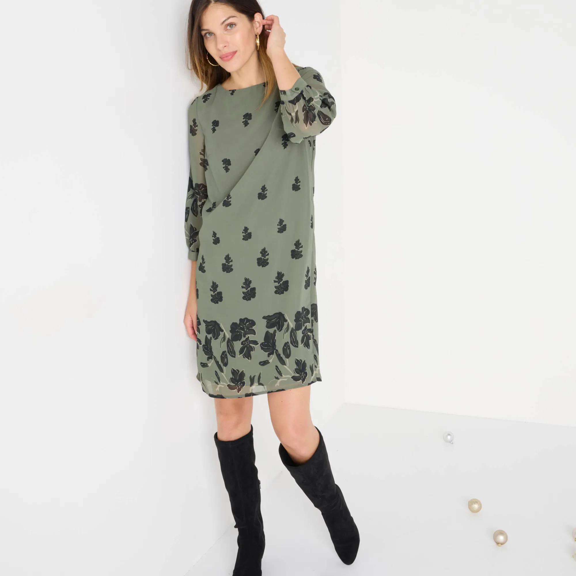 Feestoutfits Dames|Jurk<Blancheporte Bedrukte jurk in voile, 3/4-mouwen bronskleur / zwart