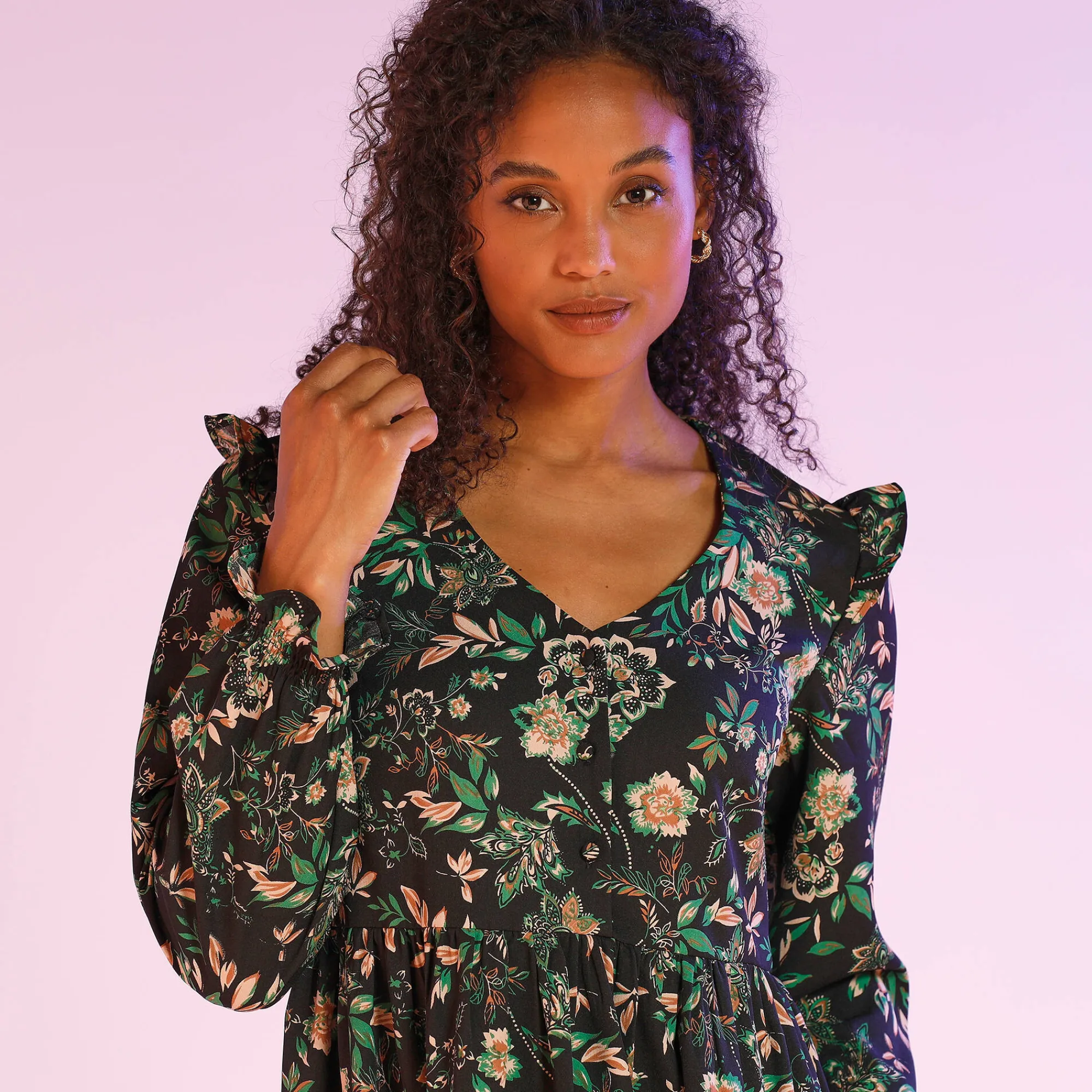 Jurk<Blancheporte Bedrukte jurk met baan onder de cups, gerecycleerd polyester(1) zwart / groen