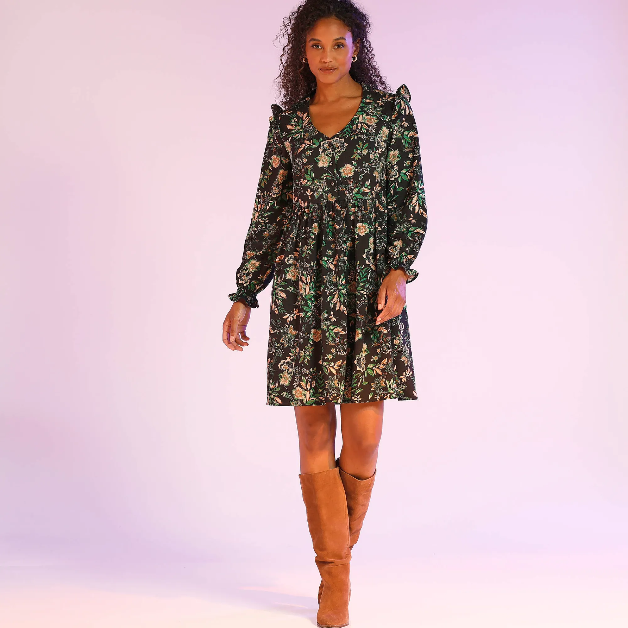 Jurk<Blancheporte Bedrukte jurk met baan onder de cups, gerecycleerd polyester(1) zwart / groen