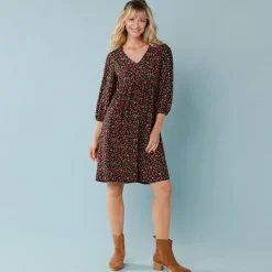 Jurk<Blancheporte Bedrukte jurk met 3/4-mouwen, kleine lengtes zwart / veelkleurig