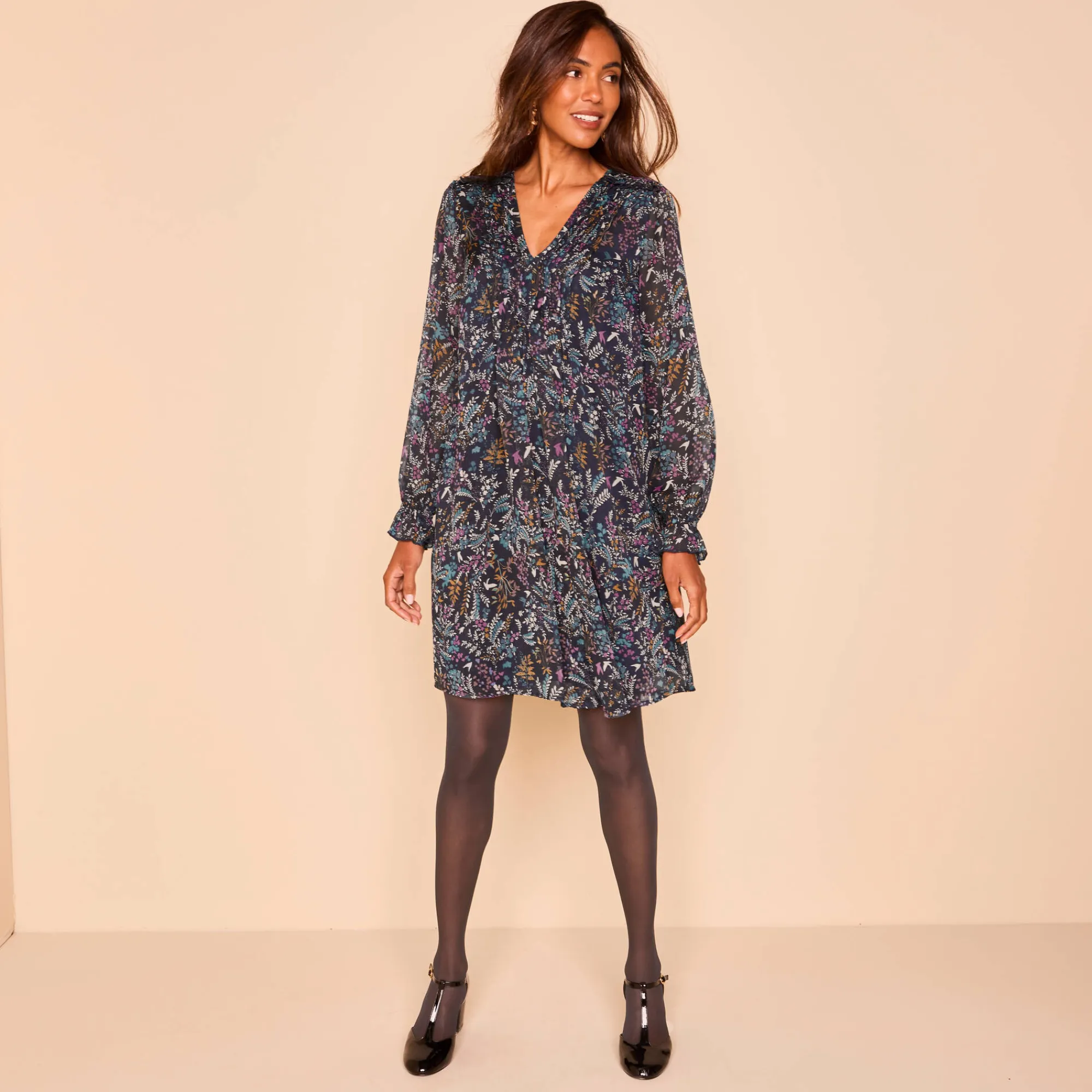 Feestoutfits Dames|Jurk<Blancheporte Bedrukte jurk met plooitjes marine / violine