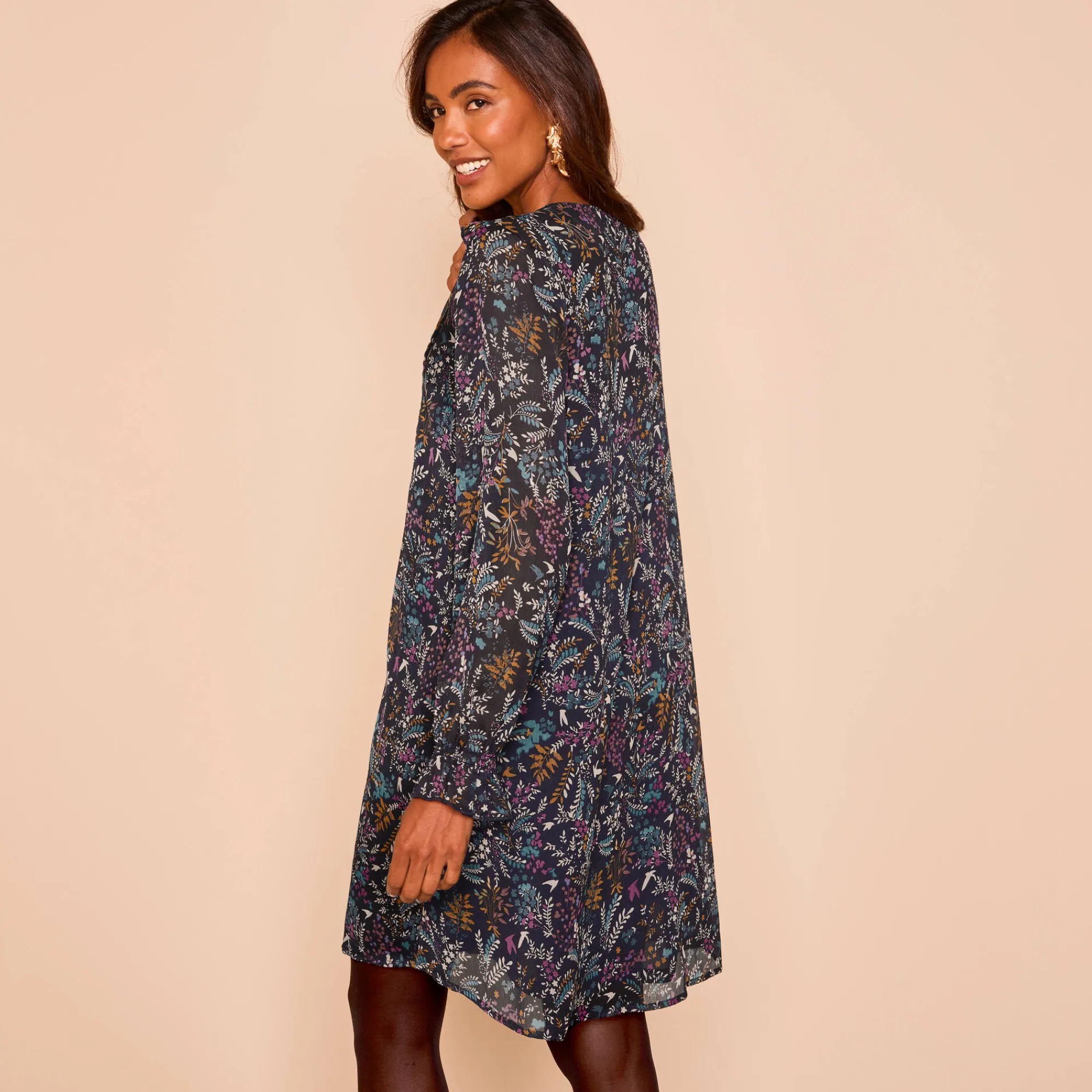 Feestoutfits Dames|Jurk<Blancheporte Bedrukte jurk met plooitjes marine / violine