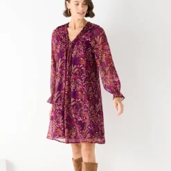 Feestoutfits Dames|Jurk<Blancheporte Bedrukte jurk met plooitjes pruim / roze