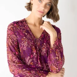 Feestoutfits Dames|Jurk<Blancheporte Bedrukte jurk met plooitjes pruim / roze