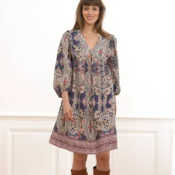 Jurk<Blancheporte Bedrukte jurk met ruime mouwen blauw / pruim