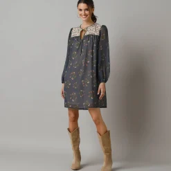 Jurk<Lora Zellini Bedrukte, korte jurk, bloezende mouwen grijs / beige