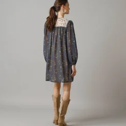 Jurk<Lora Zellini Bedrukte, korte jurk, bloezende mouwen grijs / beige