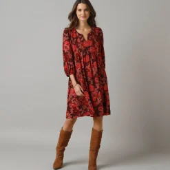 Feestoutfits Dames|Jurk<Lora Zellini Bedrukte korte jurk, 3/4-mouwen bordeaux / roze