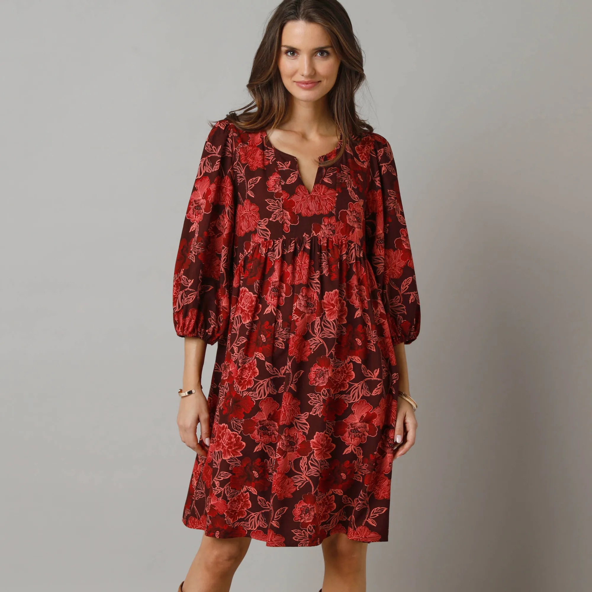 Feestoutfits Dames|Jurk<Lora Zellini Bedrukte korte jurk, 3/4-mouwen bordeaux / roze