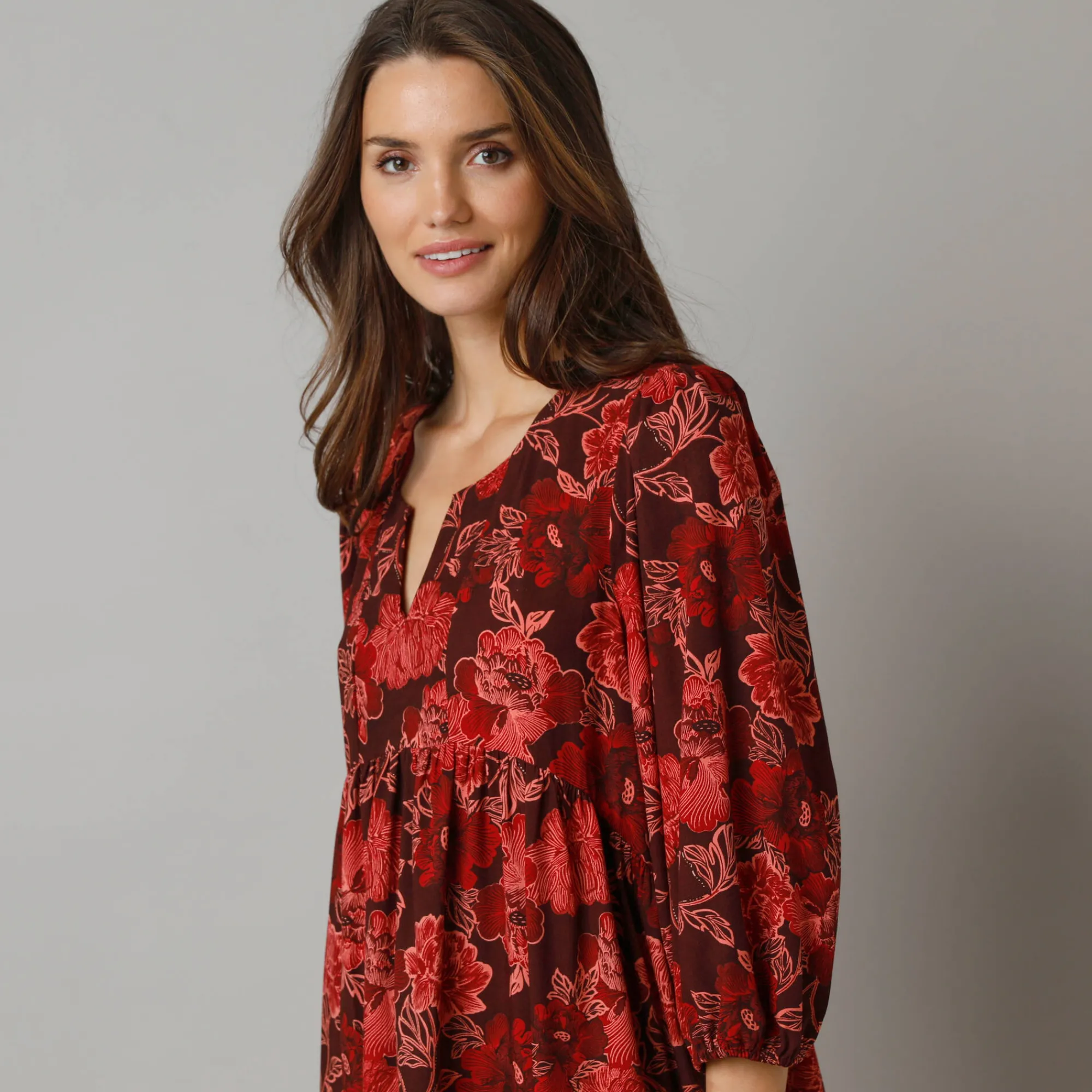 Feestoutfits Dames|Jurk<Lora Zellini Bedrukte korte jurk, 3/4-mouwen bordeaux / roze