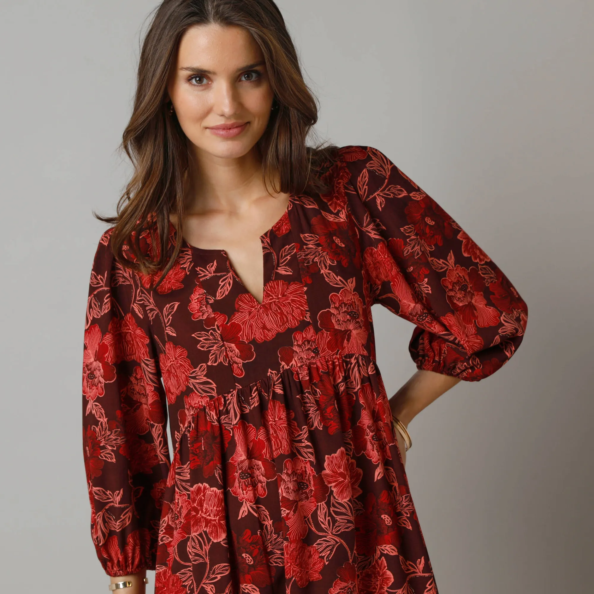Feestoutfits Dames|Jurk<Lora Zellini Bedrukte korte jurk, 3/4-mouwen bordeaux / roze
