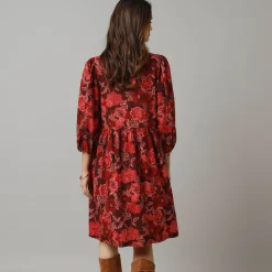 Feestoutfits Dames|Jurk<Lora Zellini Bedrukte korte jurk, 3/4-mouwen bordeaux / roze