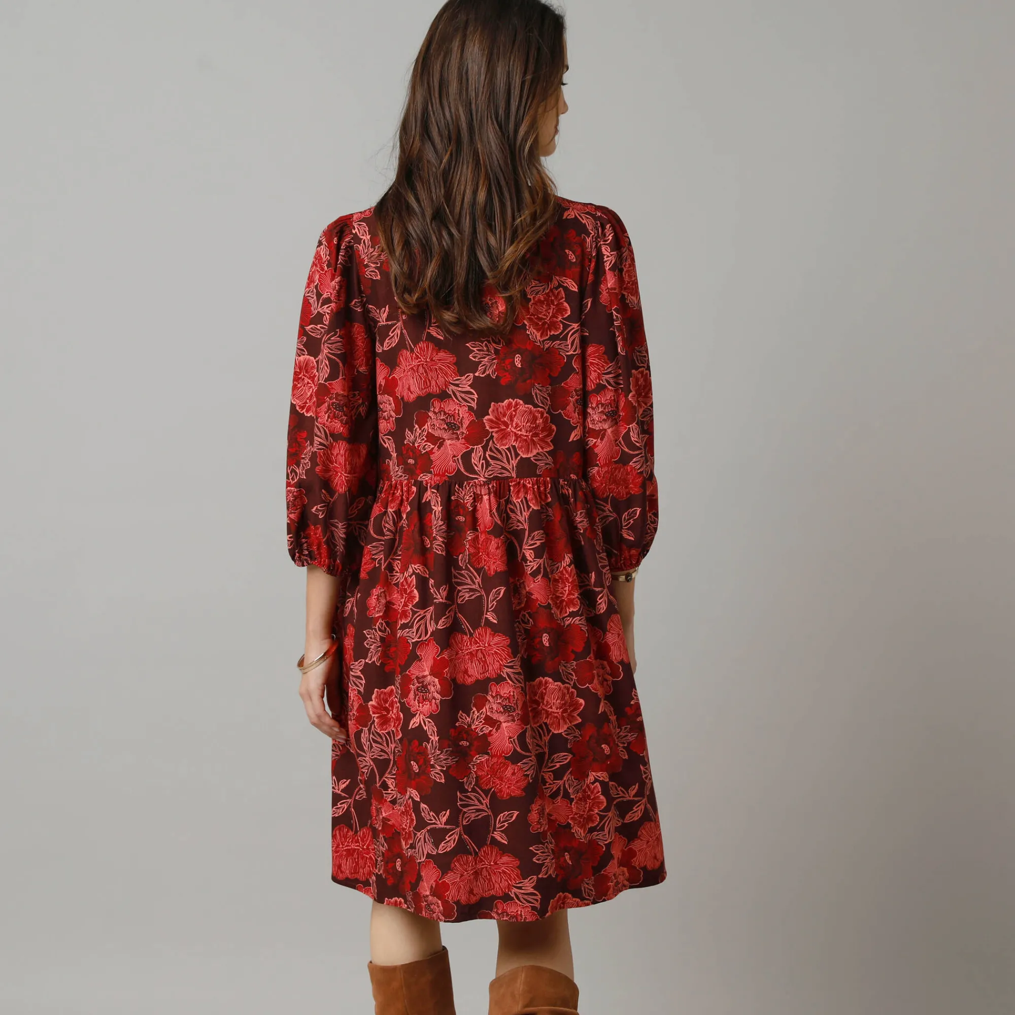 Feestoutfits Dames|Jurk<Lora Zellini Bedrukte korte jurk, 3/4-mouwen bordeaux / roze