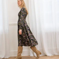 Jurk<Blancheporte Bedrukte midi-jurk, soepele viscose kaki / violine