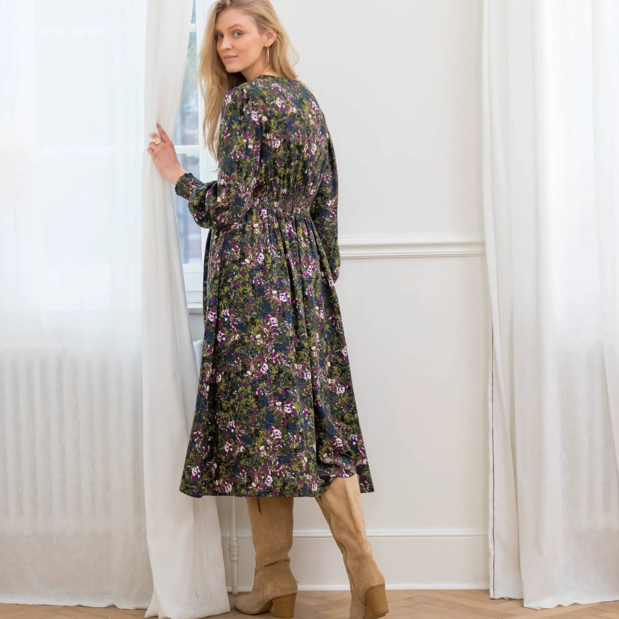 Jurk<Blancheporte Bedrukte midi-jurk, soepele viscose kaki / violine