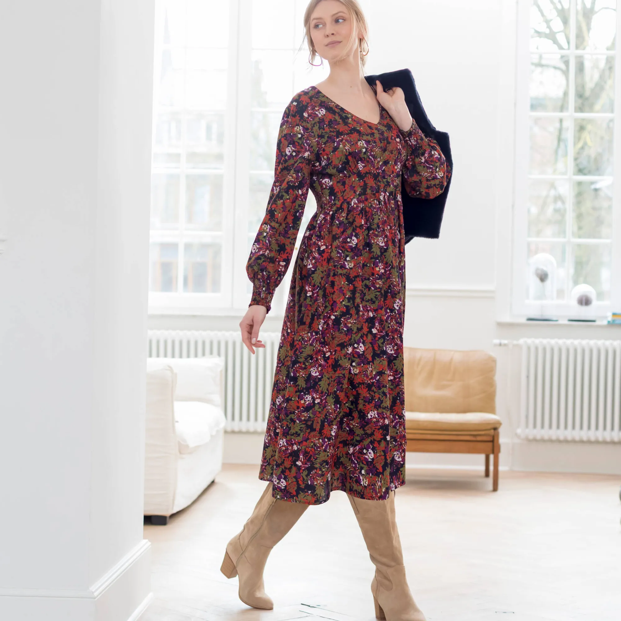 Jurk<Blancheporte Bedrukte midi-jurk, soepele viscose marine / paprika