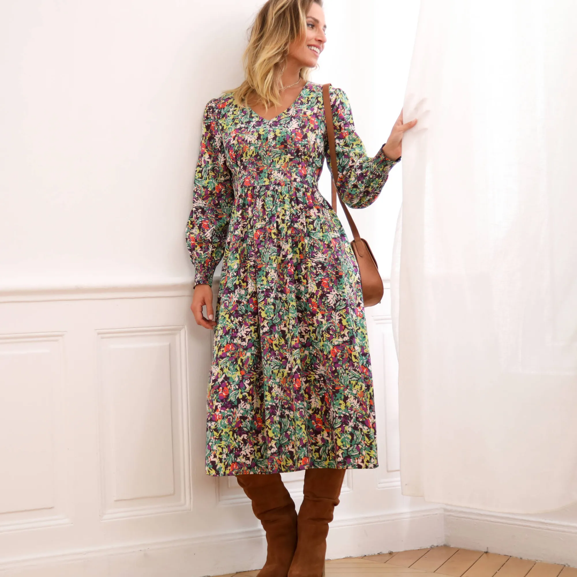 Jurk<Blancheporte Bedrukte midi-jurk, soepele viscose groen / violine