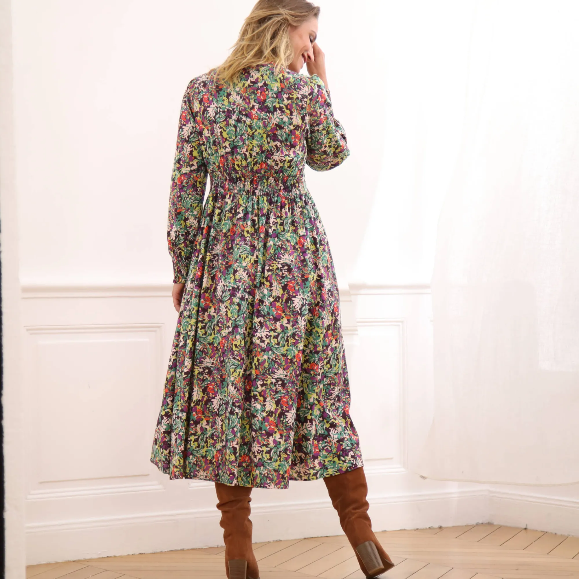 Jurk<Blancheporte Bedrukte midi-jurk, soepele viscose groen / violine