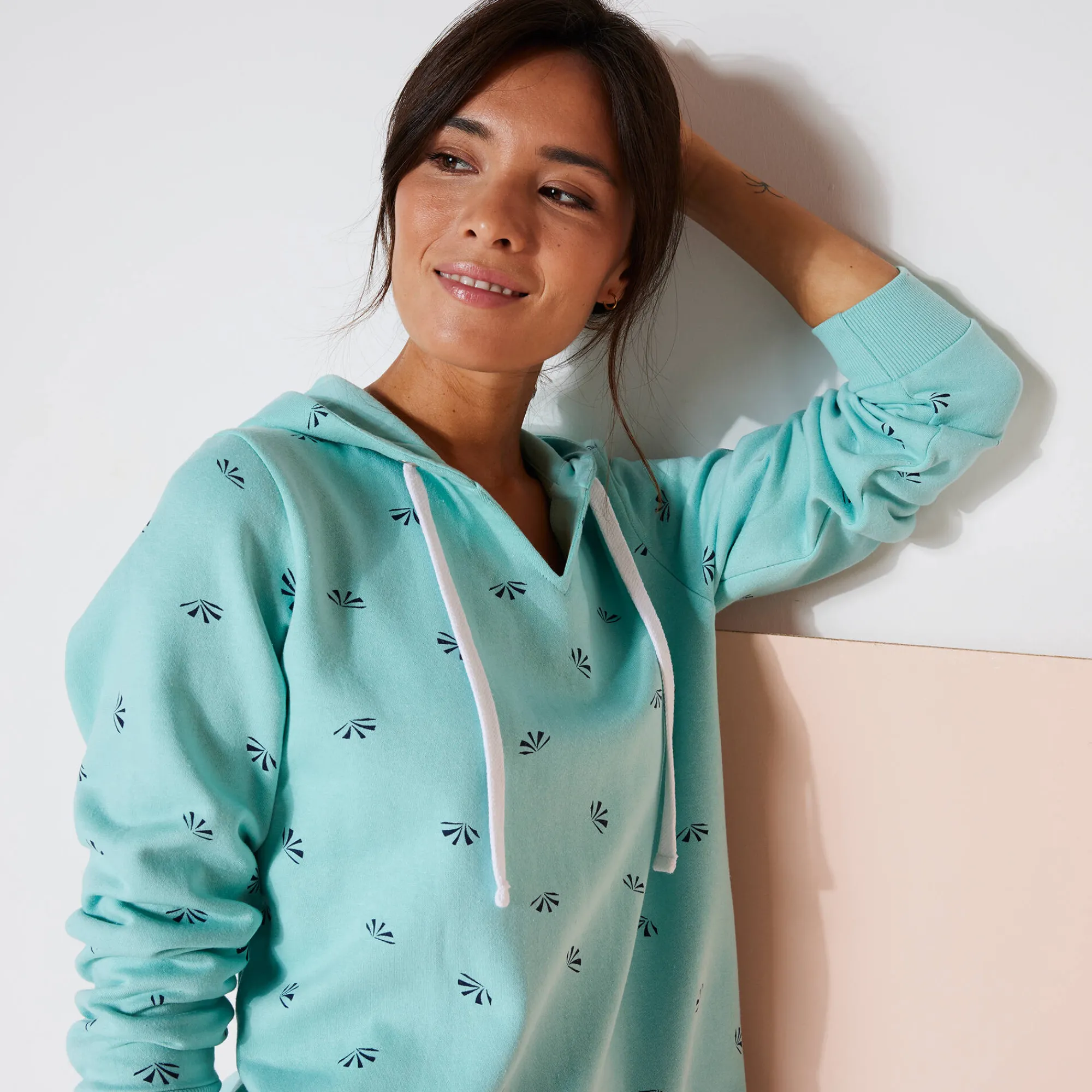 Trui En Vest<Blancheporte Bedrukte sweater met kap in molton celadon