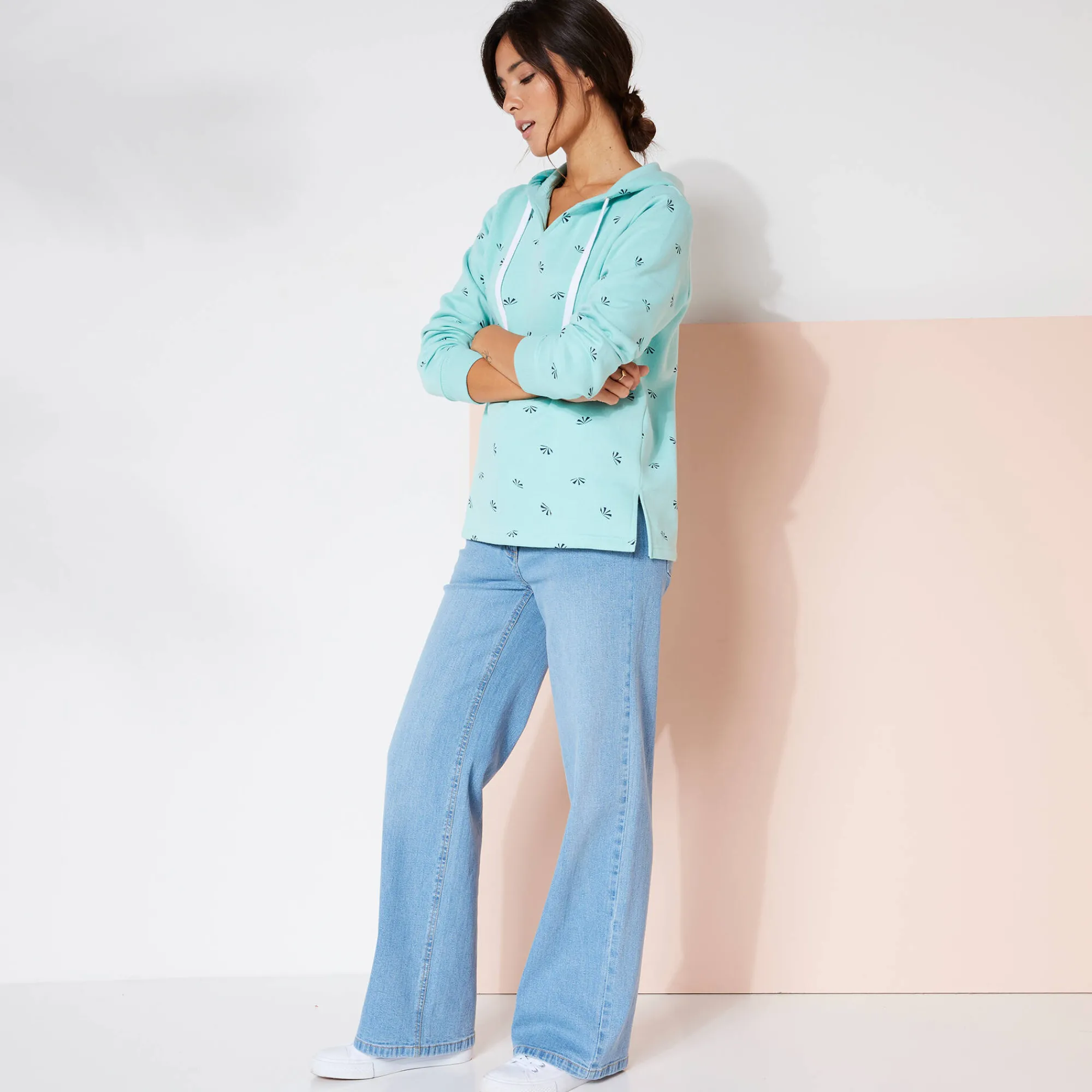Trui En Vest<Blancheporte Bedrukte sweater met kap in molton celadon