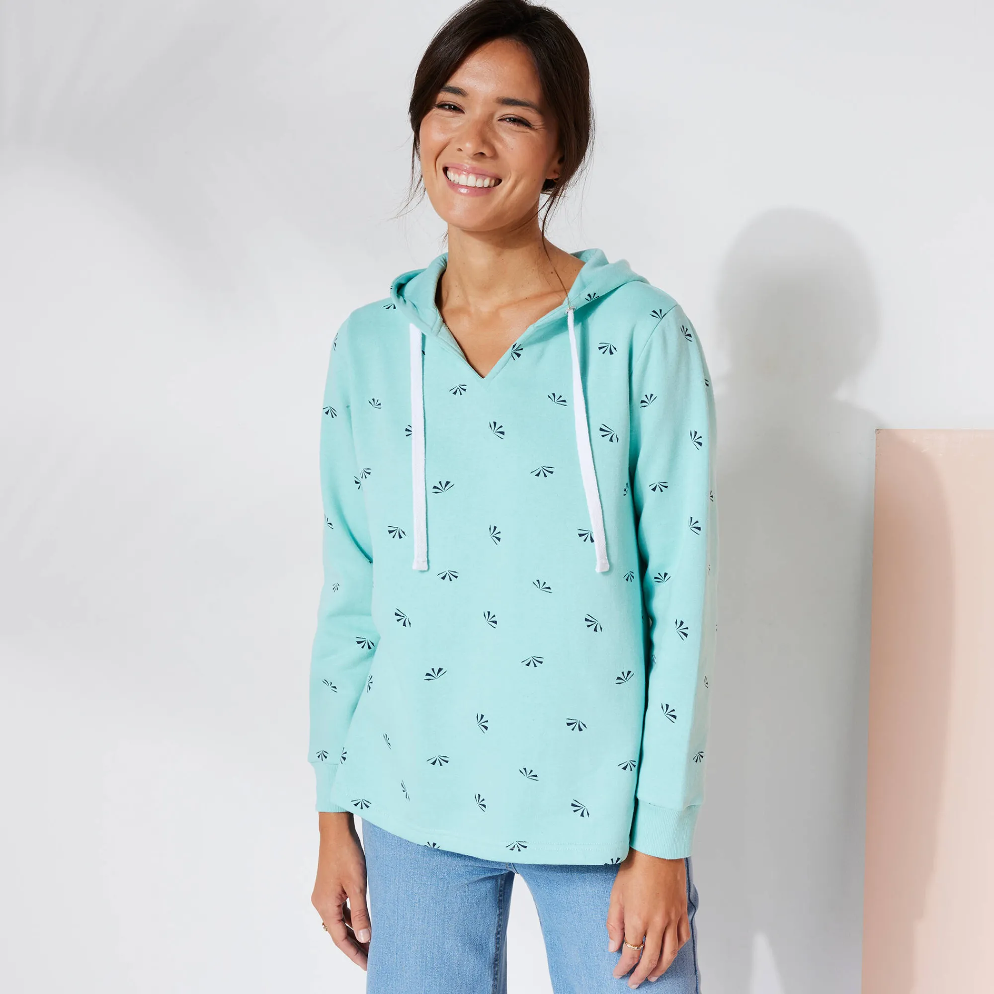 Trui En Vest<Blancheporte Bedrukte sweater met kap in molton celadon