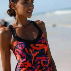 Badmode|Badmode<Blancheporte Bedrukte tankini met gekruiste rug Lohena, voorgevormde cups zwart / oranje