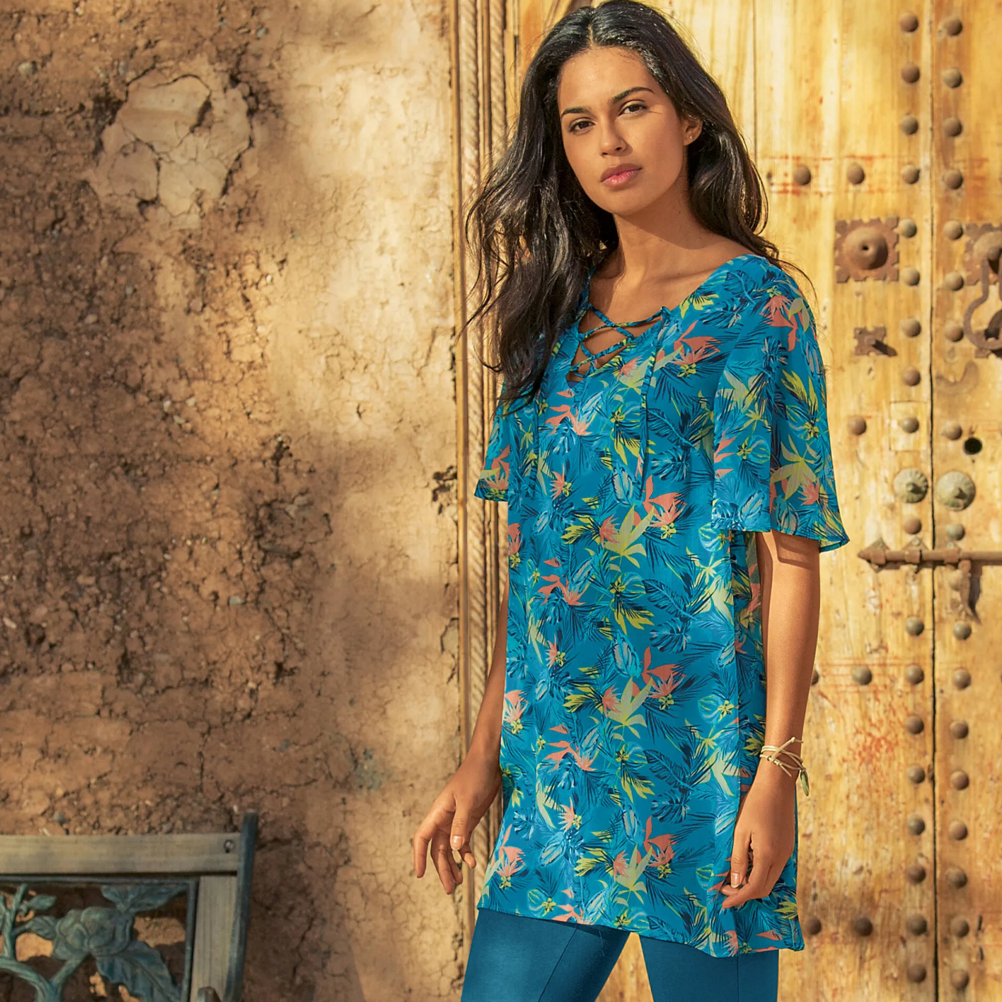 Bloes En Tuniek<Blancheporte Bedrukte tuniek in voile turkooisblauw