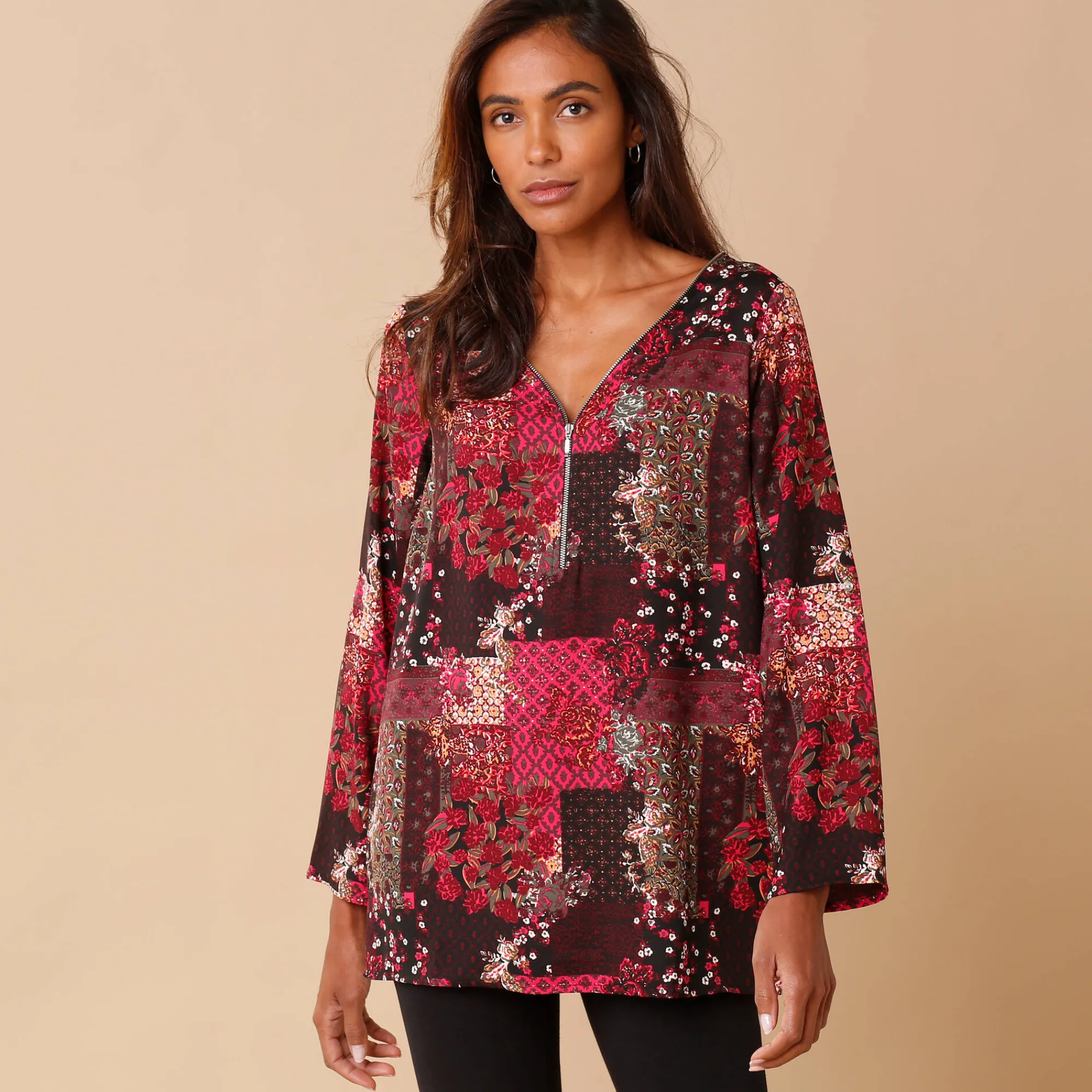 Bloes En Tuniek<Blancheporte Bedrukte tuniek met rits zwart / kersenrood