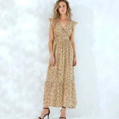 Jurk<Blancheporte Bedrukte voile mouwloze wikkeljurk beige / zwart