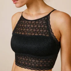 Feestelijke Lingerie|Beha<Blancheporte Behatopje met zwemmersrug in vrouwelijke stretchkant - zonder beugels zwart