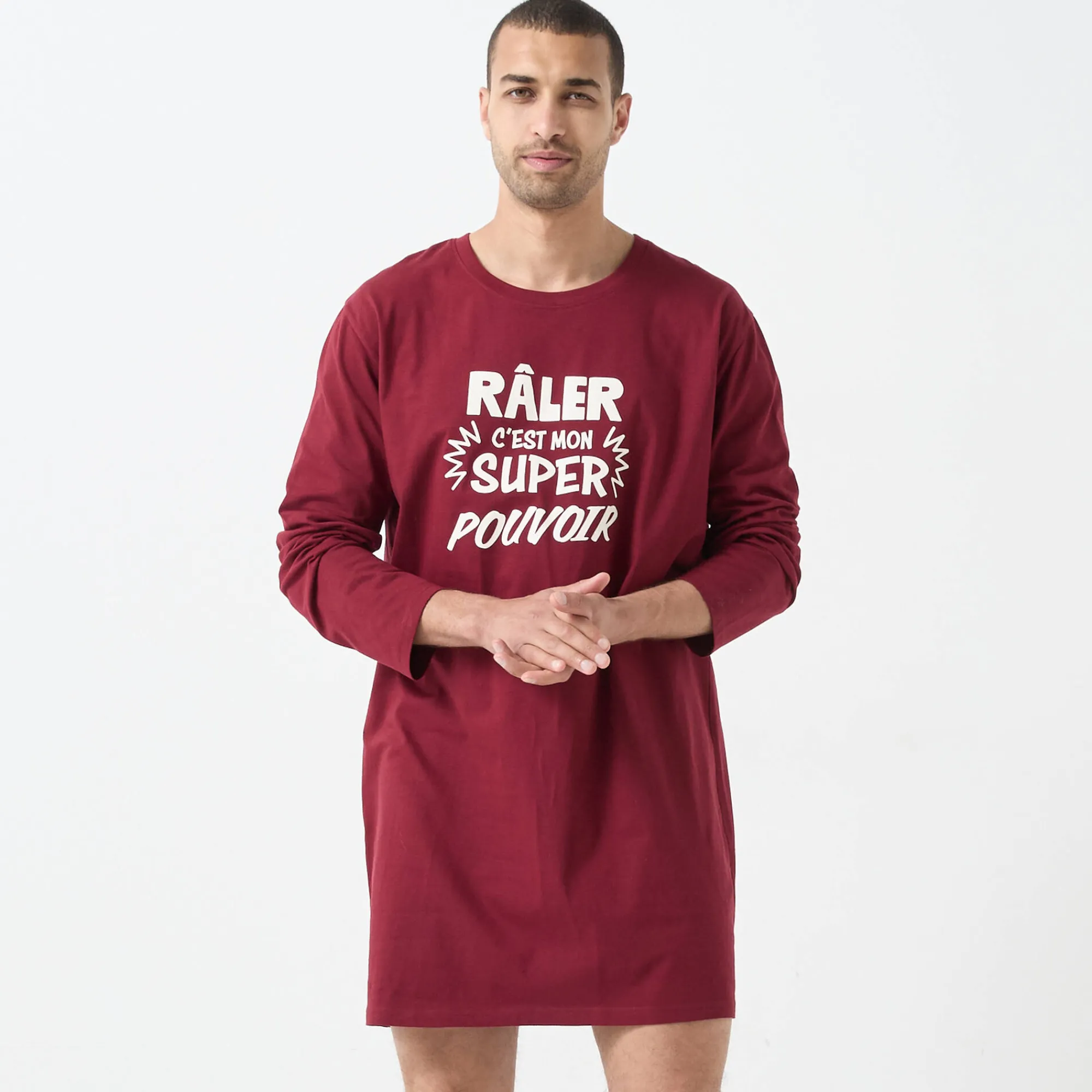 Pyjama En Kamerjas<Blancheporte Bigshirt met "Râler c'est mon super pouvoir" print bordeaux