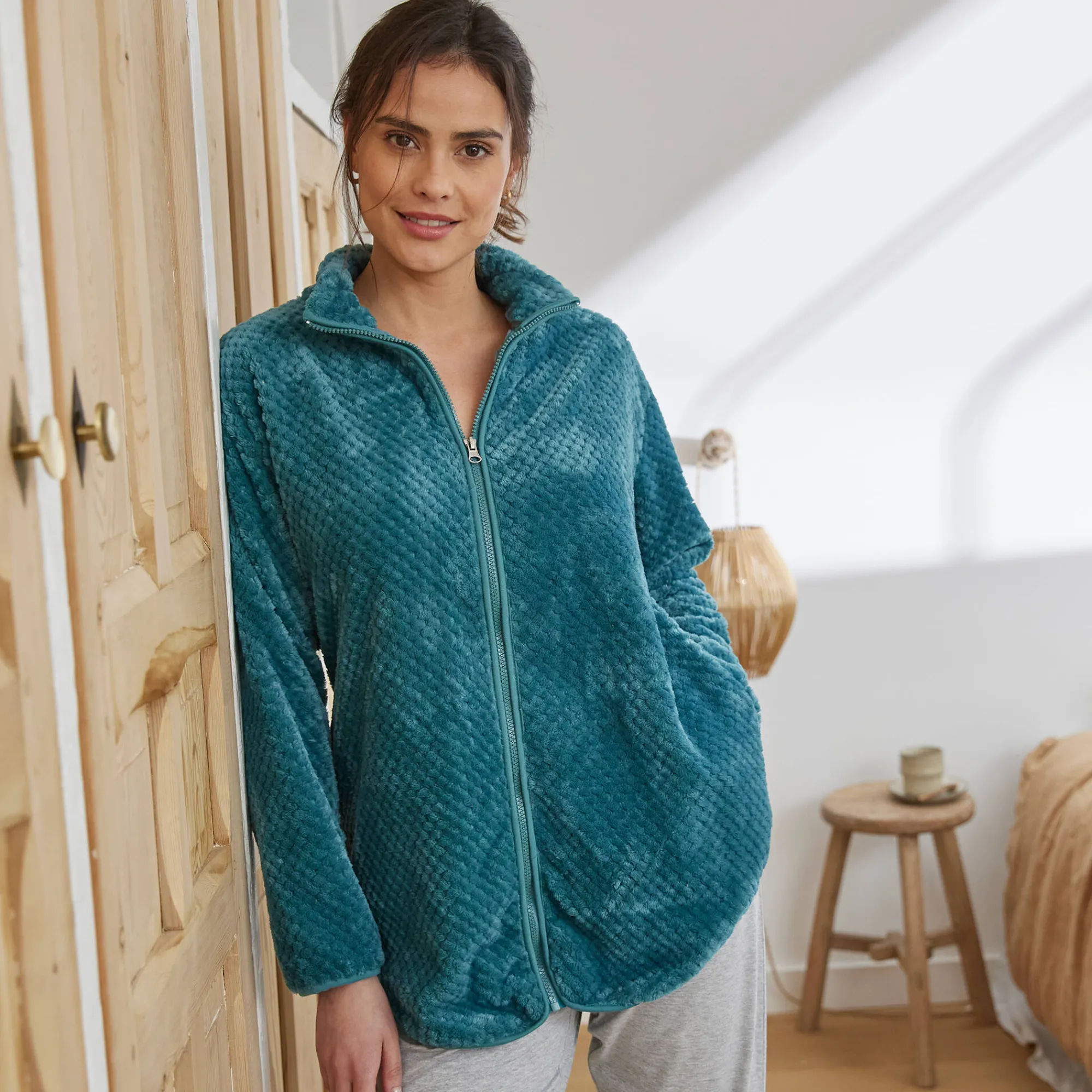 Peignoir En Kamerjas<Blancheporte Binnenhuisjasje in fleecetricot met rits smaragd