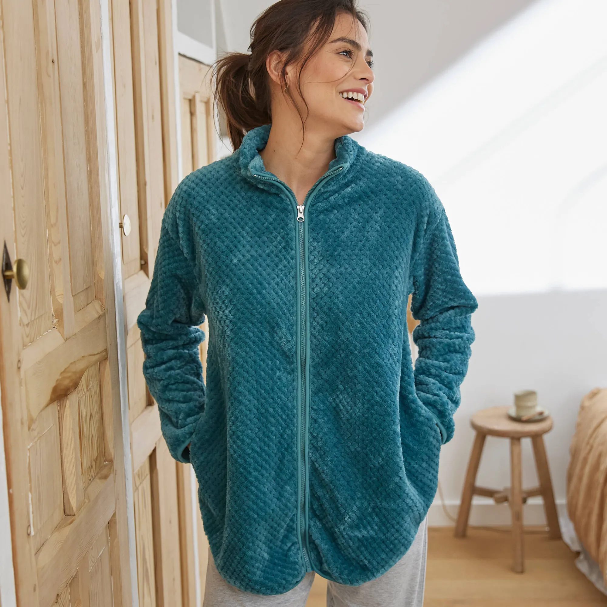 Peignoir En Kamerjas<Blancheporte Binnenhuisjasje in fleecetricot met rits smaragd